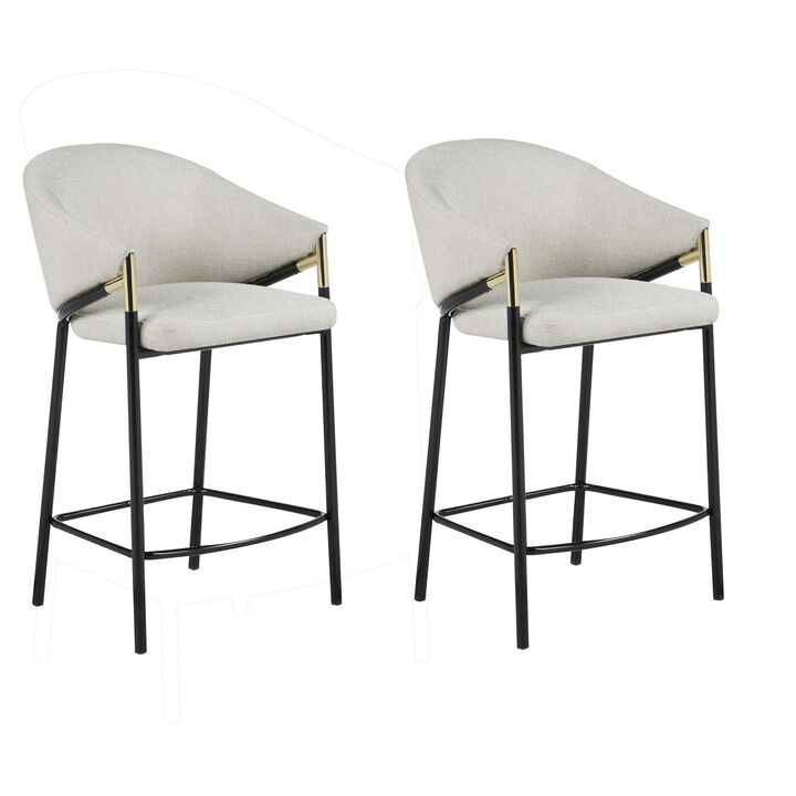 Fil 27 Inch Counter Height Stools, Set of 2, Padded Curved Back, Beige Linen-Benzara