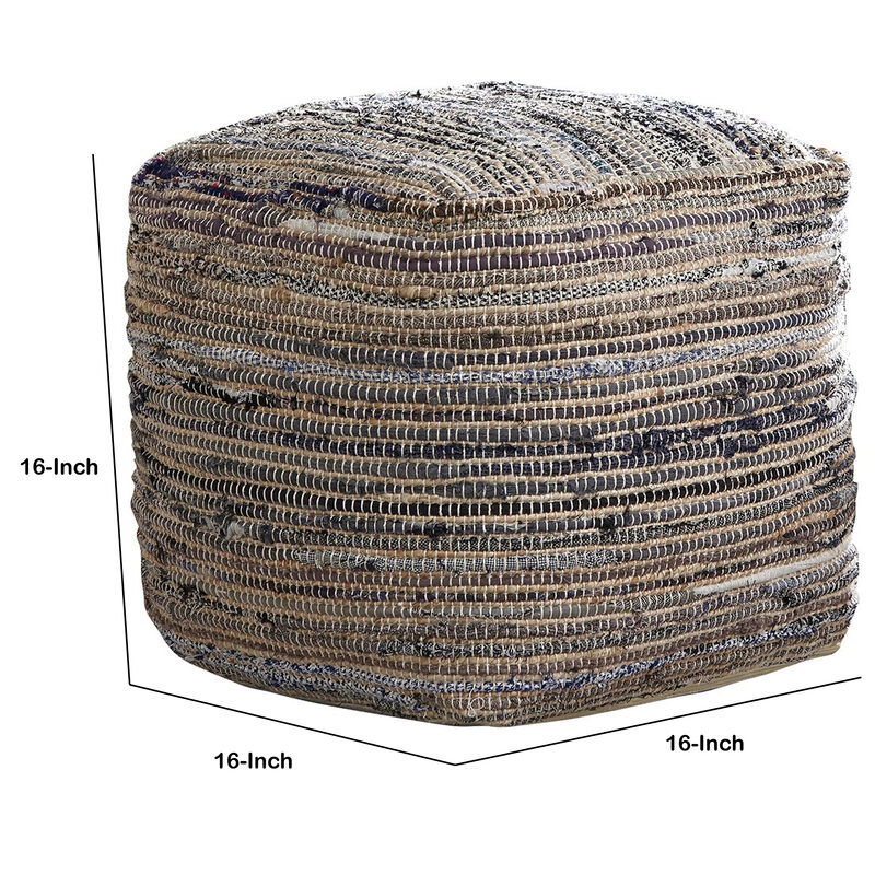 Handwoven Square Shaped Pouf with Zipper, Multicolor - Benzara