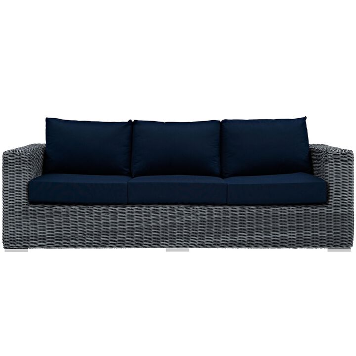Ultimate Comfort and Quality: Summon Outdoor Patio Sofa - Two-Tone Rattan, Sunbrella Cushions, Aluminum Frame. Perfect for Patio, Backyard, Poolside.