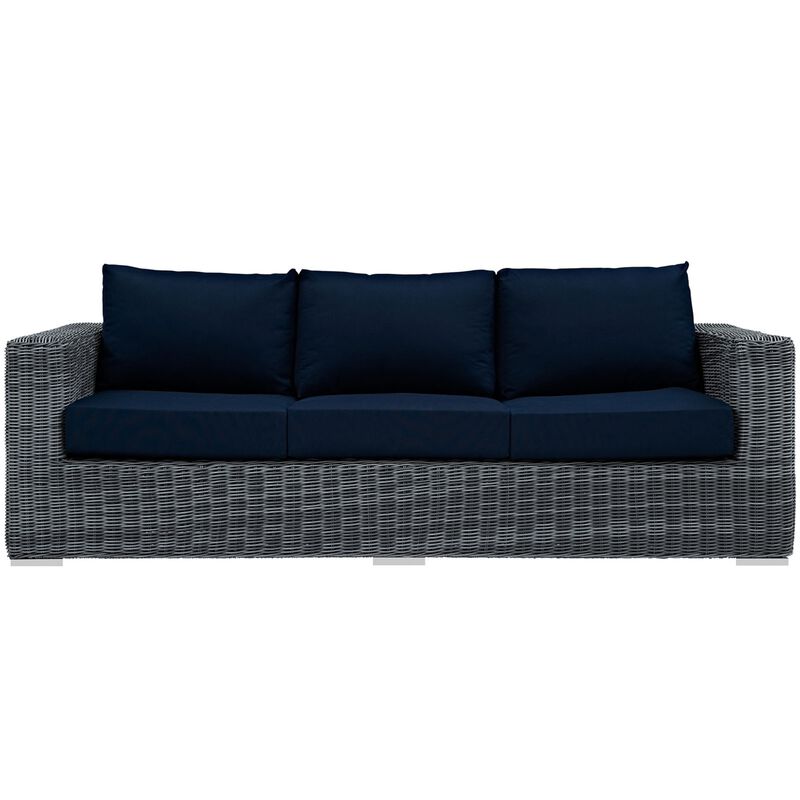 Ultimate Comfort and Quality: Summon Outdoor Patio Sofa - Two-Tone Rattan, Sunbrella Cushions, Aluminum Frame. Perfect for Patio, Backyard, Poolside.