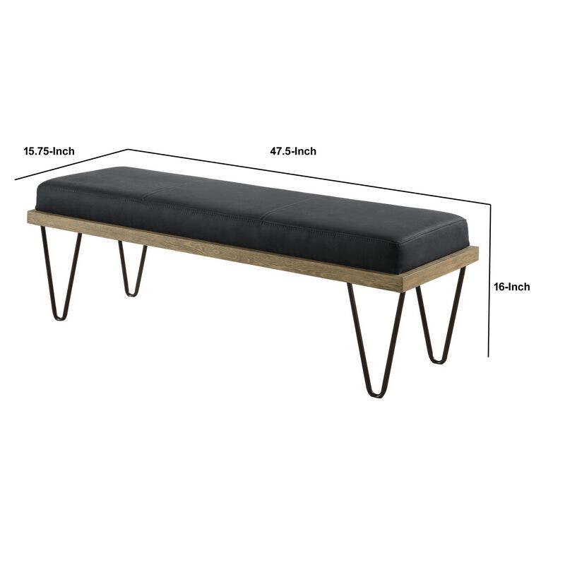 Leatherette Padded Bench with Hairpin Legs, Gray-Benzara