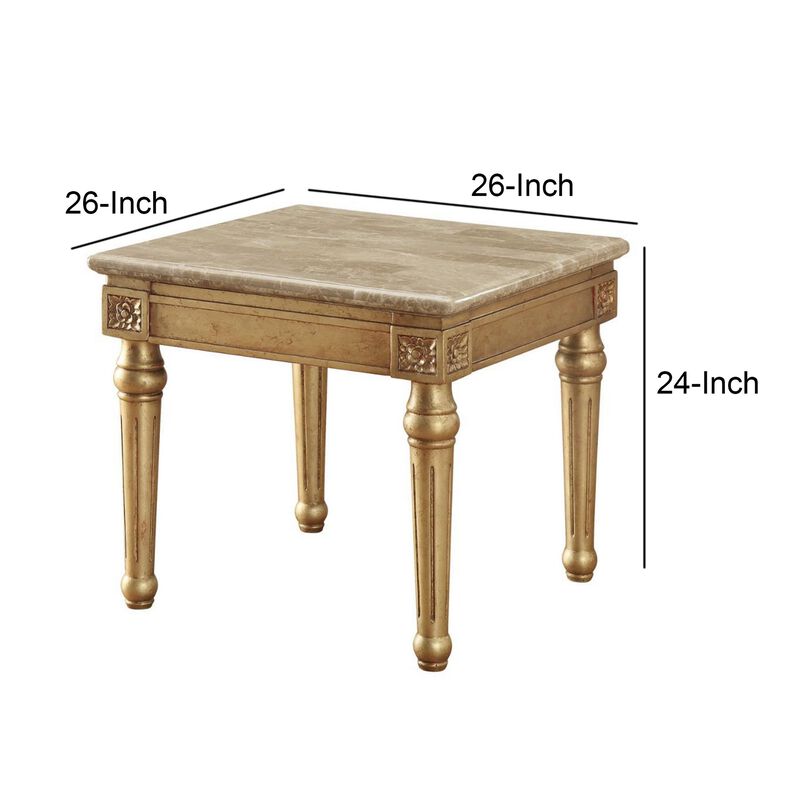 Marble Top End Table With Fluted Detail Wooden Turned Legs, Gold-Benzara