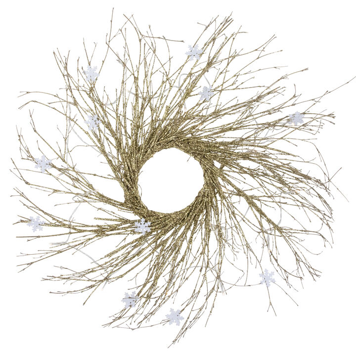 28" Pre-lit Gold Glittered Artificial Twig Christmas Wreath  Warm White LED Lights