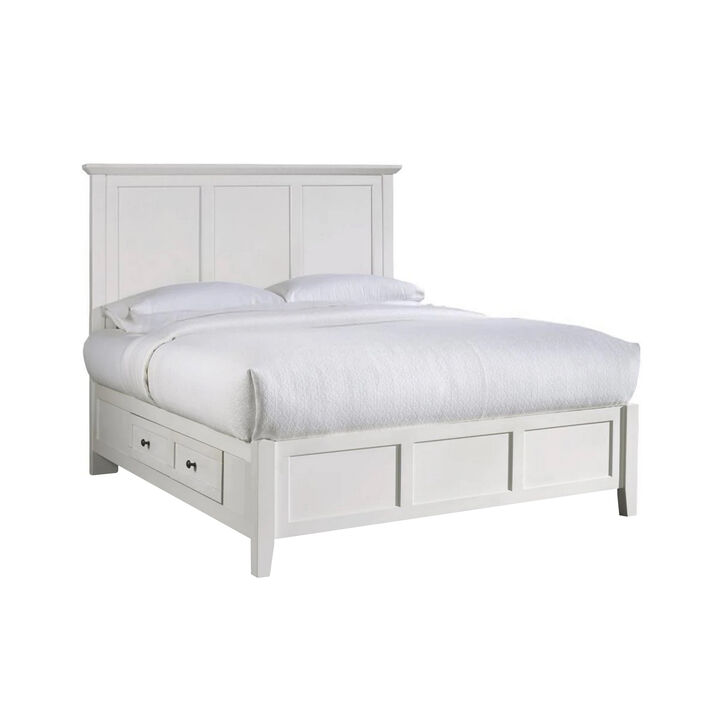 Neo California King Bed, Panel Design Farmhouse Wood Frame, Slats, White - Benzara