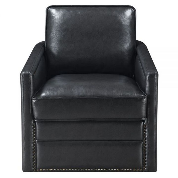 Roco 34 Inch Accent Chair with Swivel, Faux Leather Upholstery, Black  - Benzara