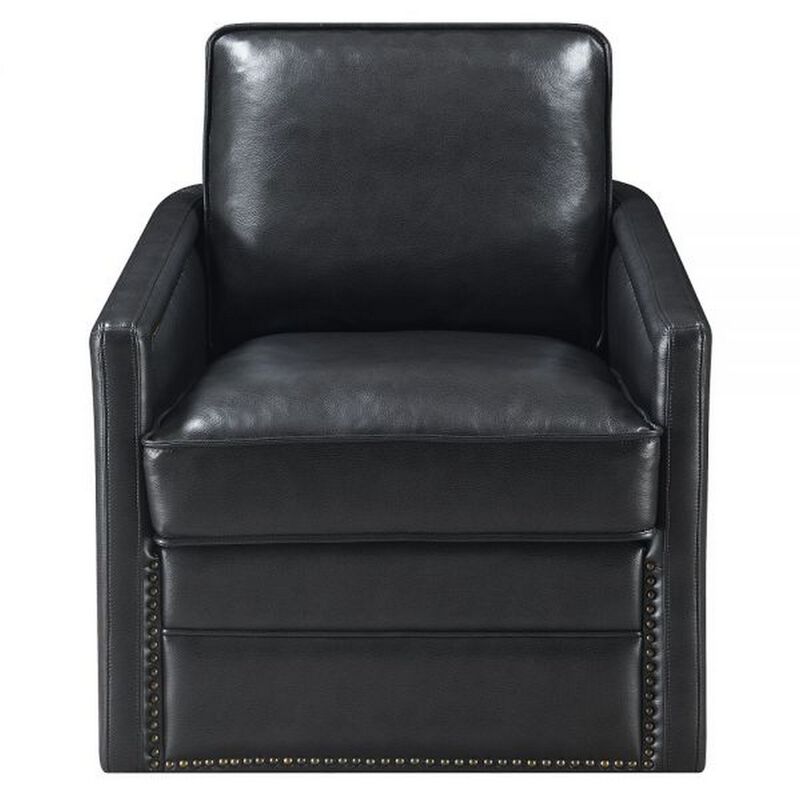Roco 34 Inch Accent Chair with Swivel, Faux Leather Upholstery, Black  - Benzara