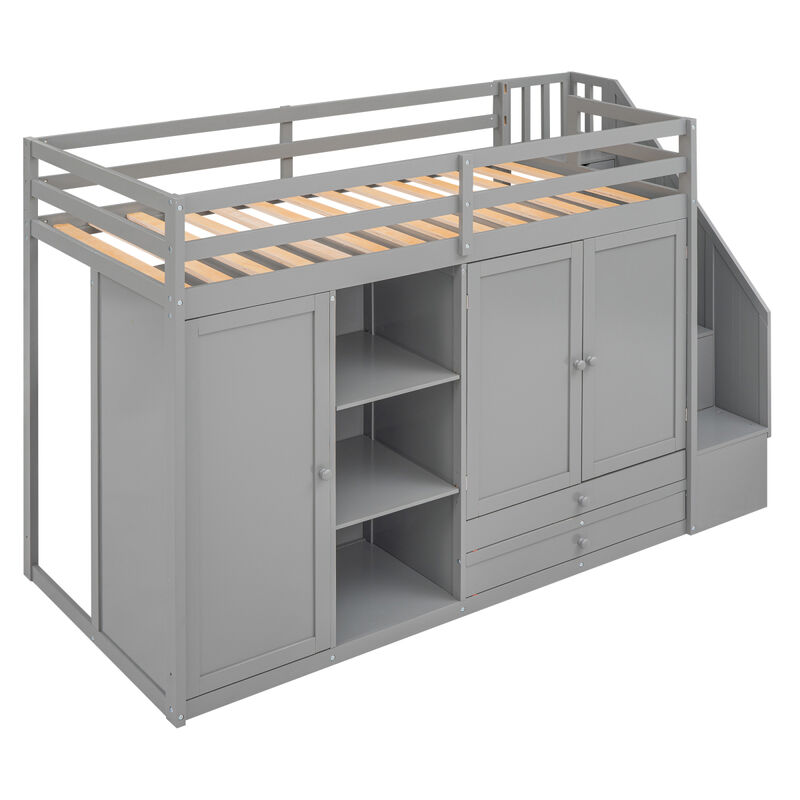 Functional Loft Bed With 3 Shelves, 2 Wardrobes And 2 Drawers, Ladder With Storage