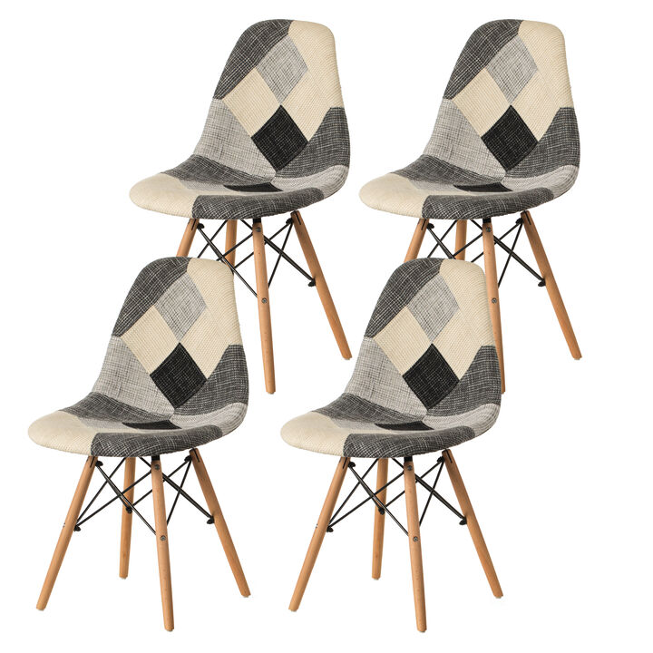 Modern Black and White Patchwork Fabric Chair with Wooden Legs for Kitchen, Dining Room, Entryway, Living Room, Set of 4
