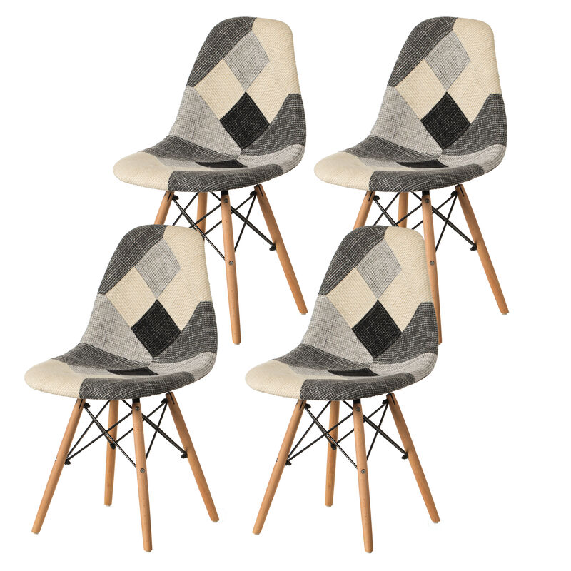 Modern Black and White Patchwork Fabric Chair with Wooden Legs for Kitchen, Dining Room, Entryway, Living Room, Set of 4
