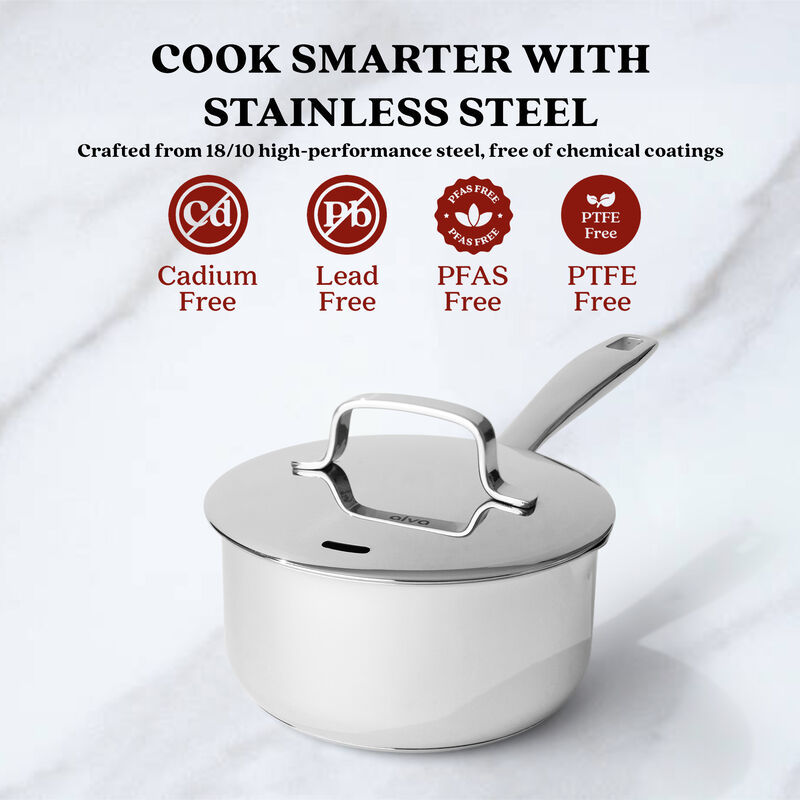 Alva Maestro 18/10 Stainless Steel Sauce Pan with Lid 2 Qt. 6" Scratch Resistant Pot with Pouring Spout Stay Cool Handle, Non Toxic, Compatible with All Stovetops, Oven Safe & Induction Safe
