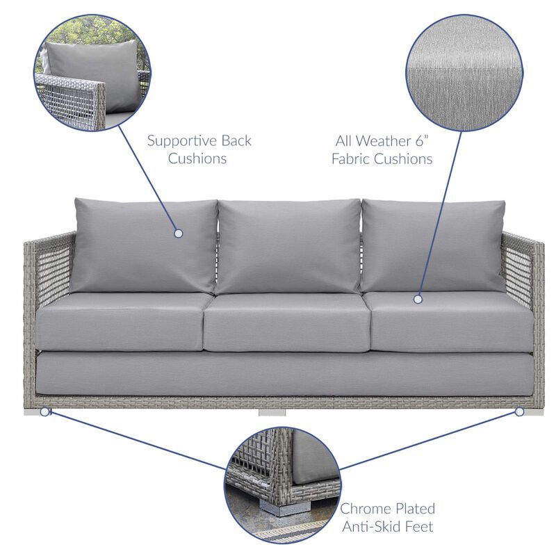 Aura Outdoor Patio Sofa - Synthetic Gray Wicker Rattan, Aluminum Frame, All-Weather Cushions, Comfortable & Stylish - Perfect for Outdoor Spaces