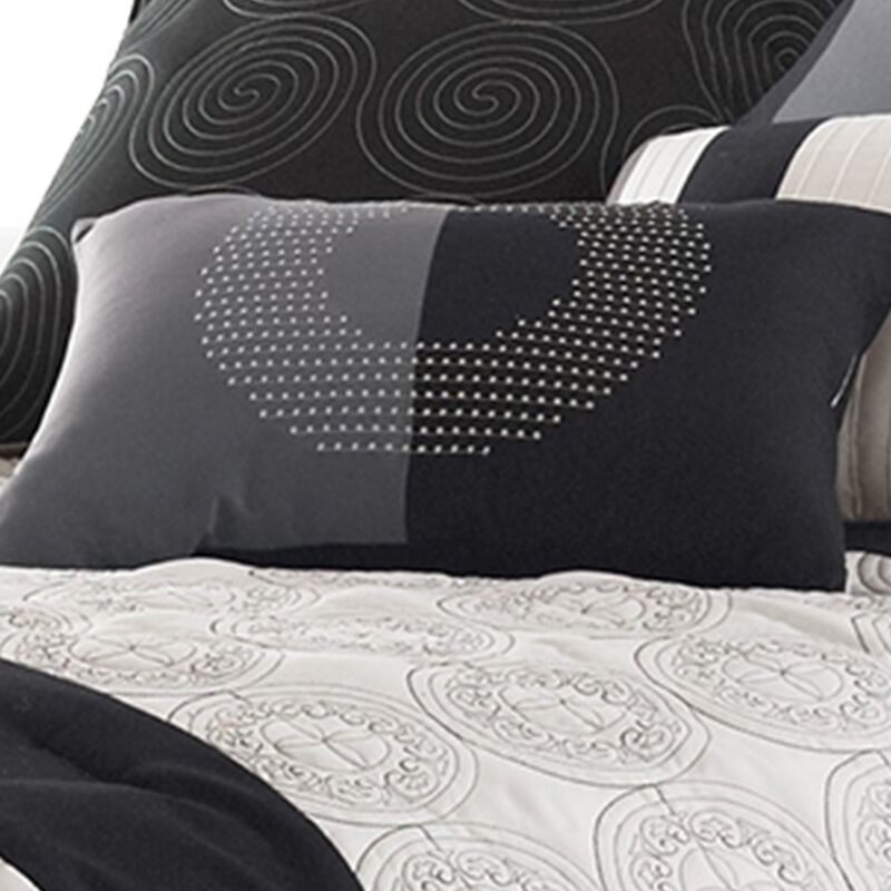 7 Piece Queen Cotton Comforter Set with Geometric Print, Gray and Black-Benzara