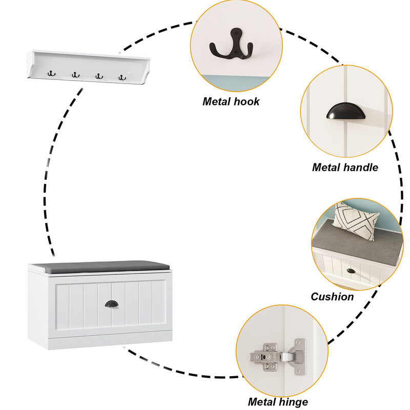 70.9 in. H x 86.8 in. W, White Wood Shoe Storage Bench, Coat Hanger & Wardrobe 3-IN-1 (Shoe Storage Bench & Hanger)