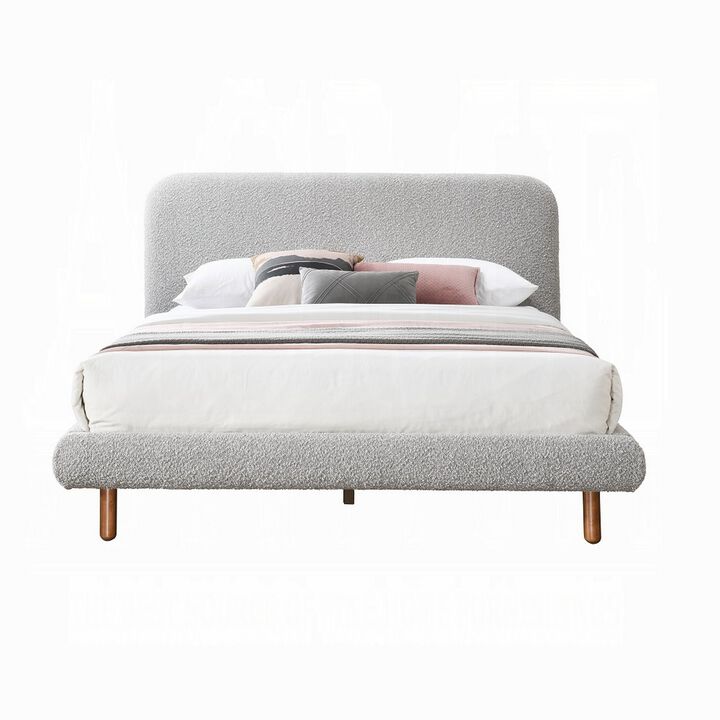 Damazy Queen Bed, Curved Edges, Gray Boucle Upholstery, Brown Wood - Benzara