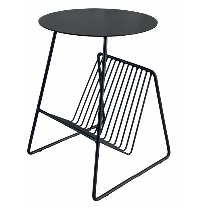 Zeo Side End Table w Magazine Rack, 14 Inch Round Top, Black Metal - Benzara