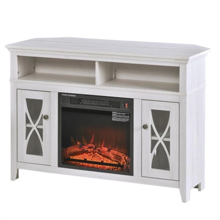 Hivvago Rustic White Electric Fireplace Mantel TV Stand w/ Adjustable Shelves 2 Storage Cabinets