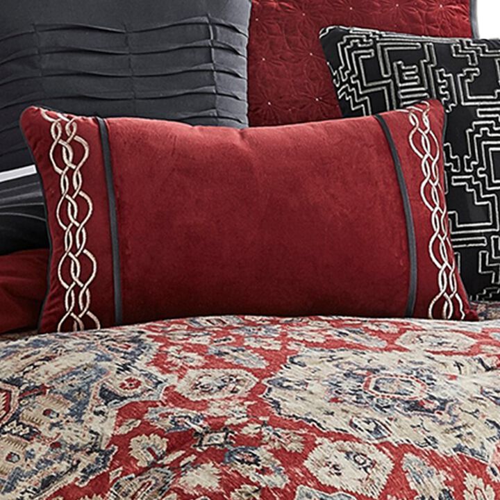 10 Piece King Size Comforter Set with Medallion Print, Red and Blue-Benzara
