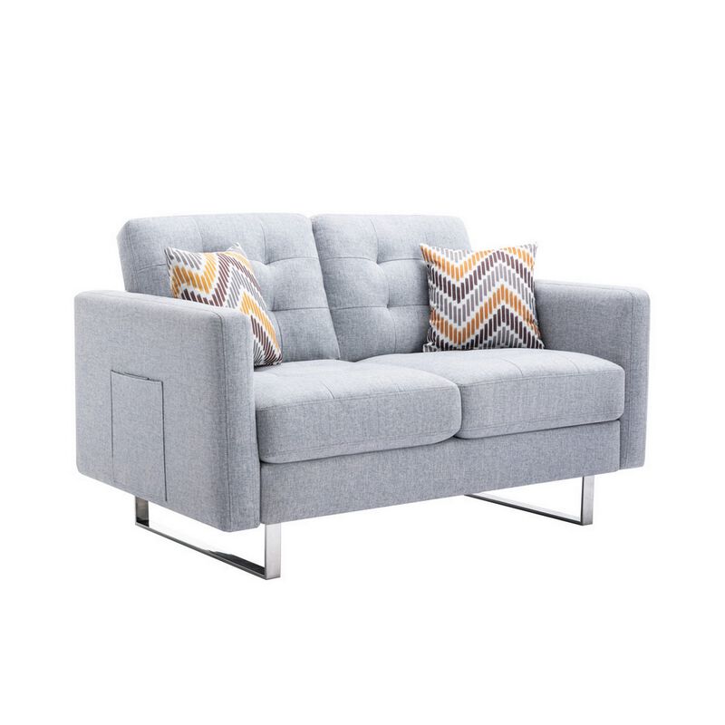 Caden 54 Inch Modern Loveseat with Side Pocket and 2 Pillows, Light Gray-Benzara