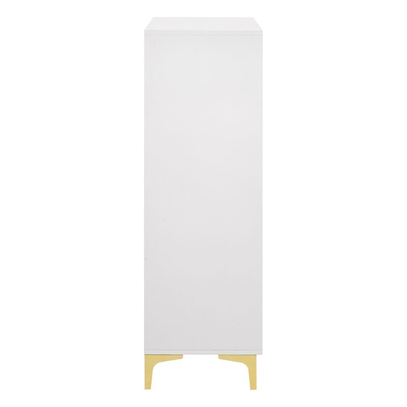 Lif 50 Inch Modern 5 Drawer Tall Dresser Chest, Gold Accents, Smooth White-Benzara