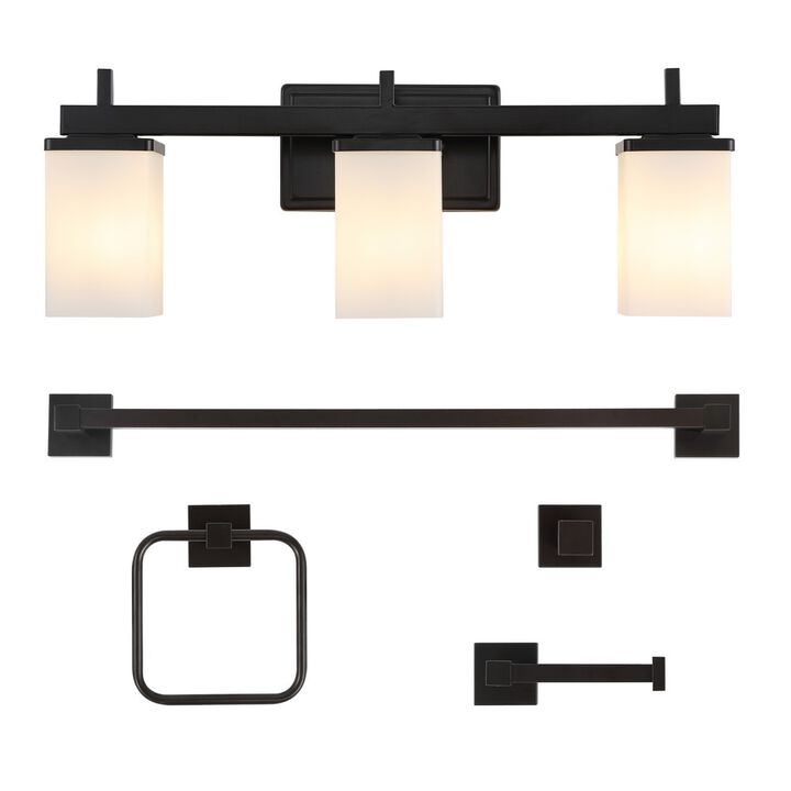 Caia 22.38" 3-Light Modern Contemporary Vanity Light with Frosted Glass Shades and Bathroom Hardware Accessory 5-Piece Set