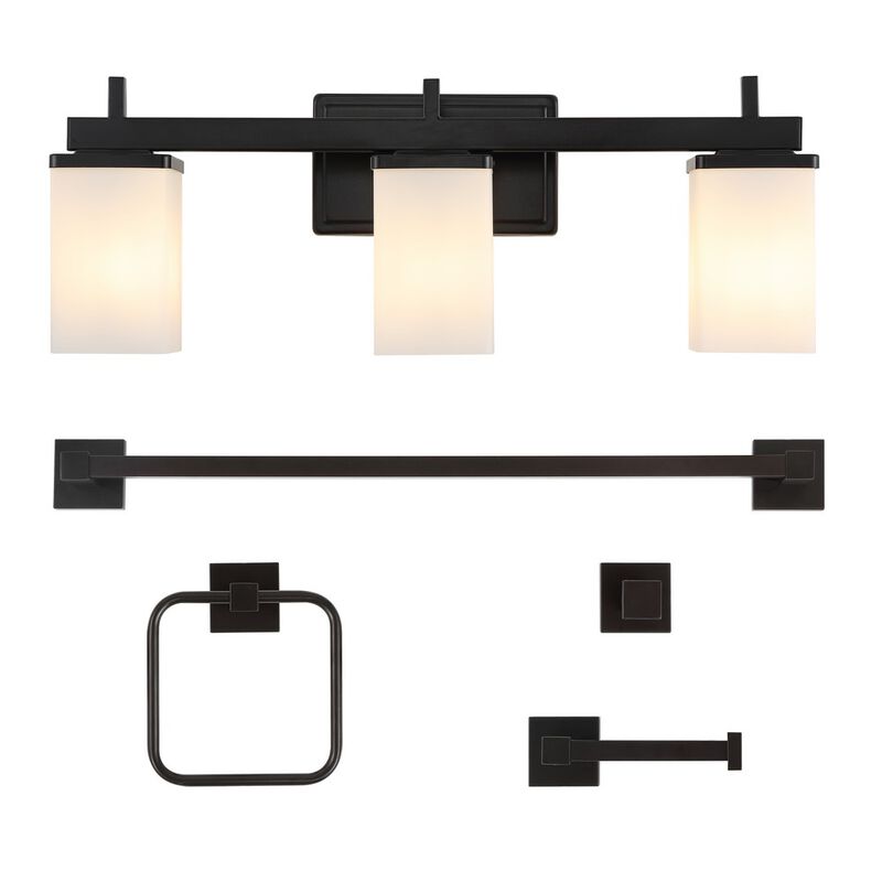 Caia 22.38" 3-Light Modern Contemporary Vanity Light with Frosted Glass Shades and Bathroom Hardware Accessory 5-Piece Set