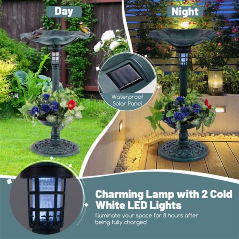 Solar-Powered Pedestal Birdbath & Feeder Combo Outdoor Garden Water Bowl with Light