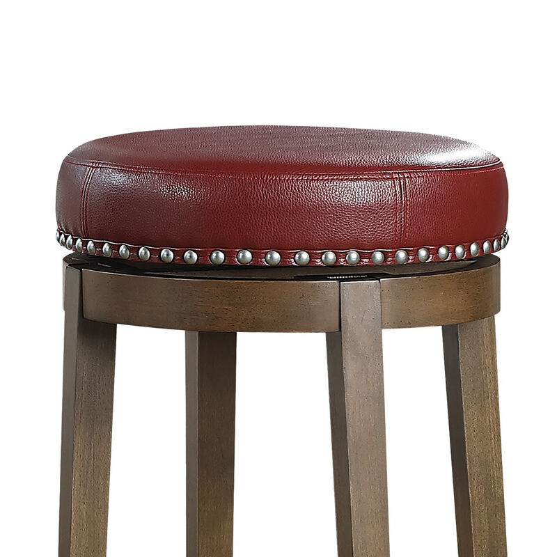 Bara 31 Inch Swivel Barstool, Red Round Faux Leather, Brown Wood, Set of 2 - Benzara