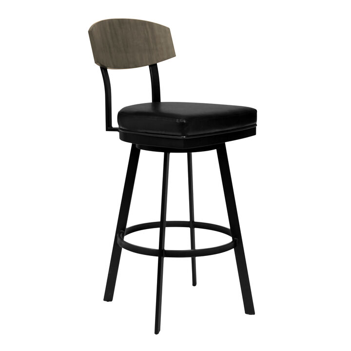 Frisco Bar Height Barstool in Matte Black Finish with Black Faux Leather and Gray Walnut
