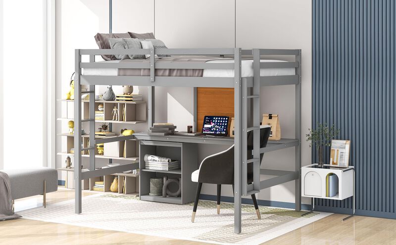Loft Bed with Desk and Writing Board, Wooden Bed with 2-Drawer Cabinet for Storage