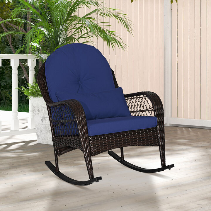 Patio Rattan Rocking Chair with Seat Back Cushions and Waist Pillow