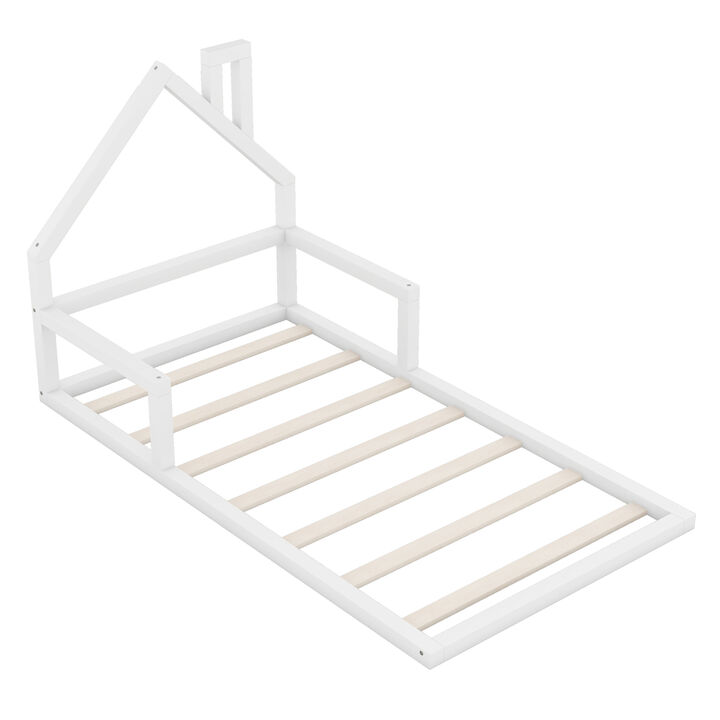 Twin Size Wood Floor Bed With House-Shaped Headboard