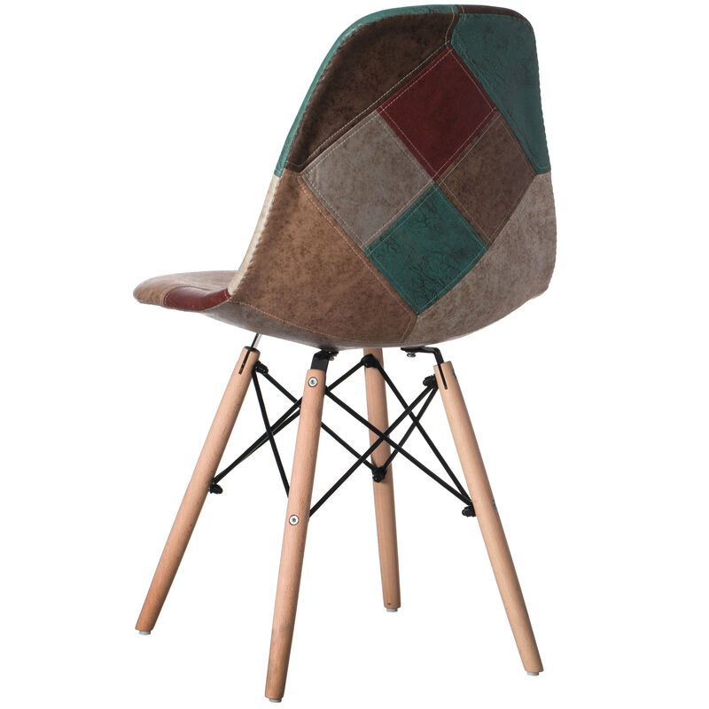 Modern Fabric Patchwork Chair with Leather and Suede Like Tones with Wooden Legs for Kitchen, Dining Room, Entryway, Living Room, Set of 2