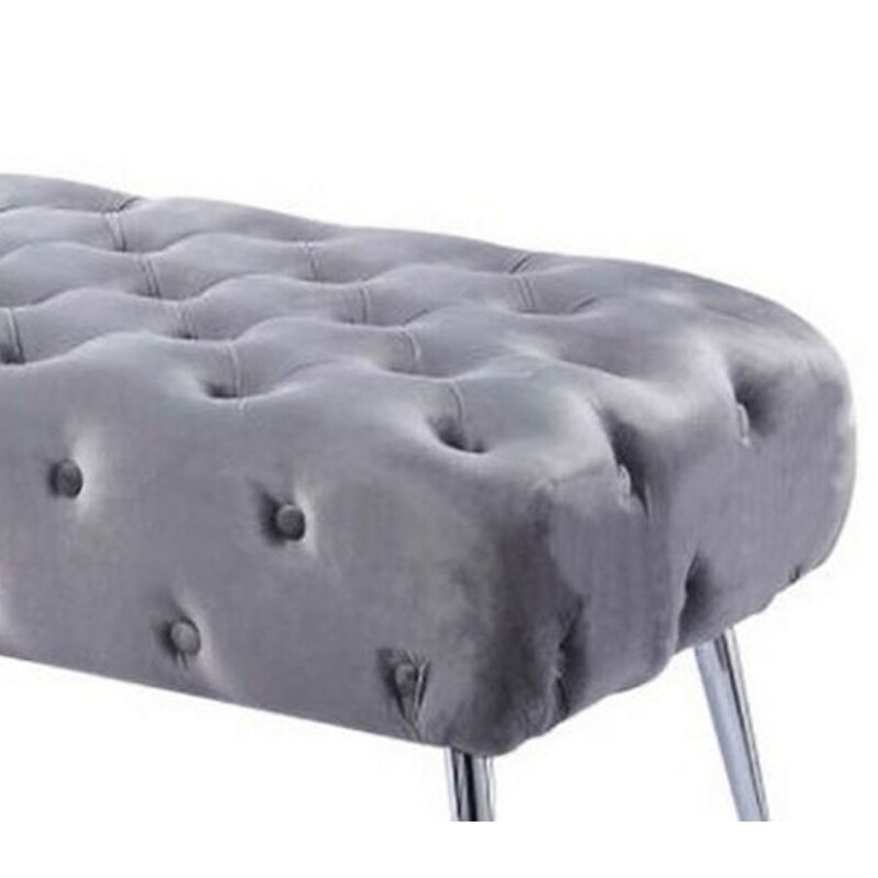 Rey 48 Inch Accent Bench, Tufted Gray Velvet Upholstery Padded Seat, Chrome - Benzara