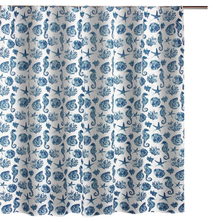 Riga 72 Inch Shower Curtain, Blue Seashells Print, Button Holes, Microfiber-Benzara