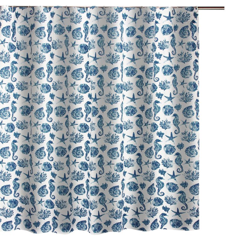Riga 72 Inch Shower Curtain, Blue Seashells Print, Button Holes, Microfiber-Benzara