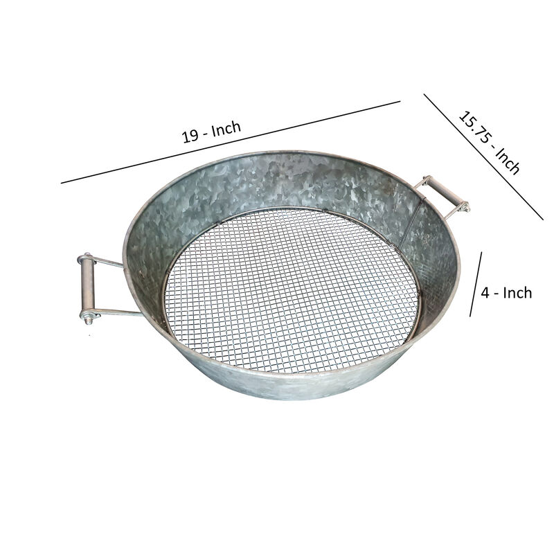 Round Galvanized Steel Compost Sifter with Wire Mesh Design Base, Antique Silver - Benzara