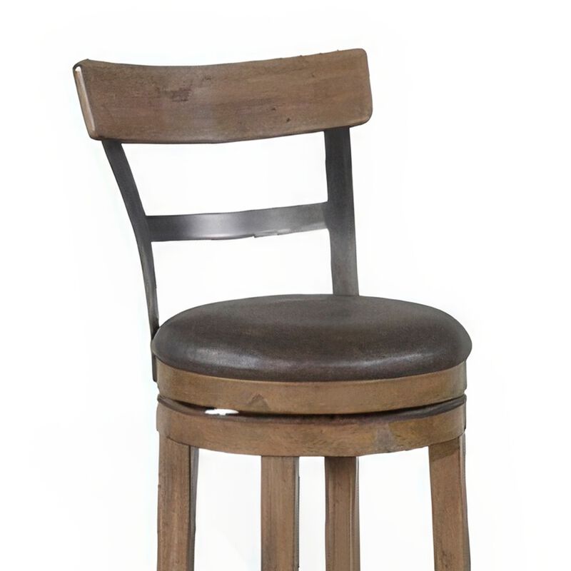 Yael Swivel Counter Stool Chair Set of 2, Gray Faux Leather Brown Wood - Benzara