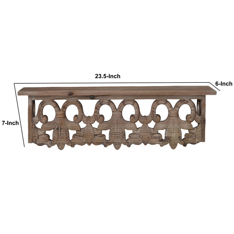 23.5 Inches Wooden Wall Shelf with Scrollwork, Small, Brown-Benzara