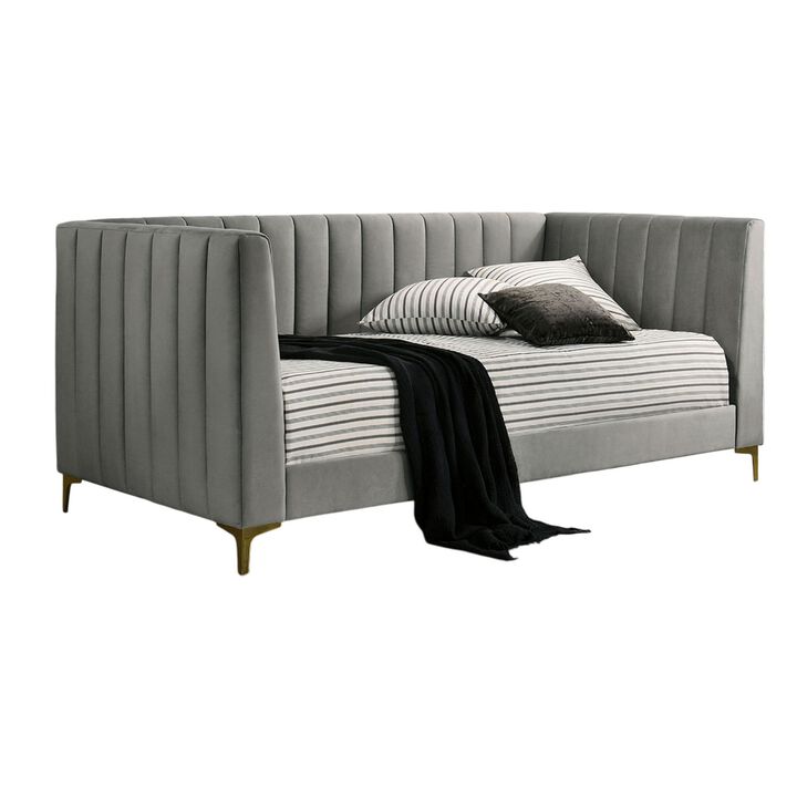 Iina Twin Daybed with Tuxedo Details, Gray Channel Tufted Flannelette - Benzara
