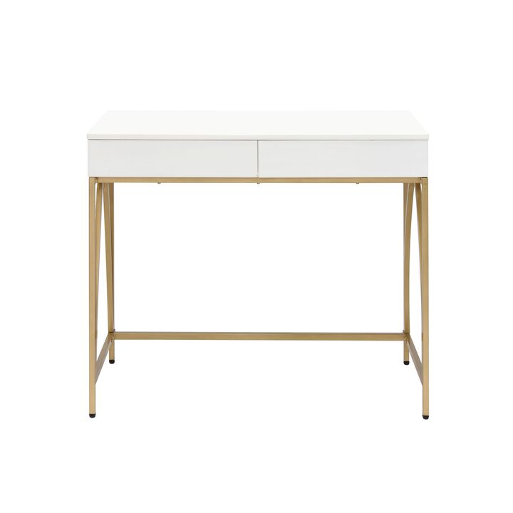 Rectangular Wooden Frame Desk with 2 Drawers and Metal Legs, White and Gold-Benzara