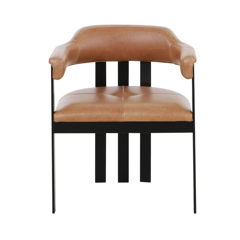 Anta Dining Chair, Black Iron Slatted Back, Plush Brown Genuine Leather - Benzara