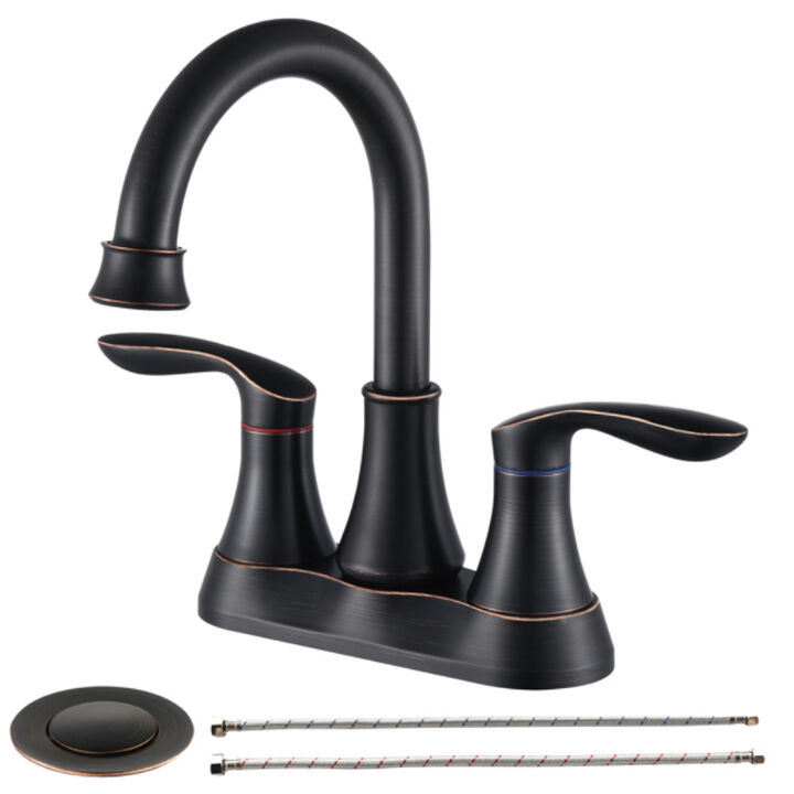 Oil Rubbed Bronze Bathroom Faucet, 2-Handle Vanity Sink Tap with Pop-Up Drain & Supply Lines