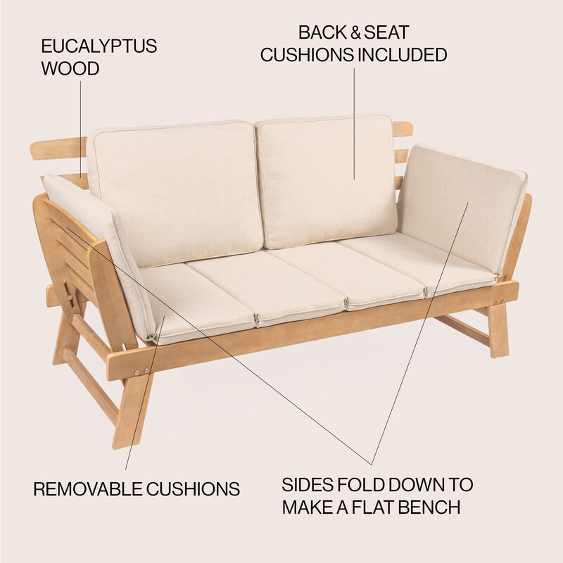 Hartley 2-Seat Modern Scandinavian Folding Wood Outdoor Day Bed Sofa