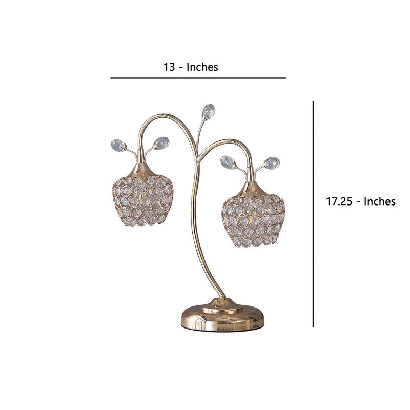 Floral Tree Design Metal Table Lamp with Dome Shade and Crystals, Gold-Benzara