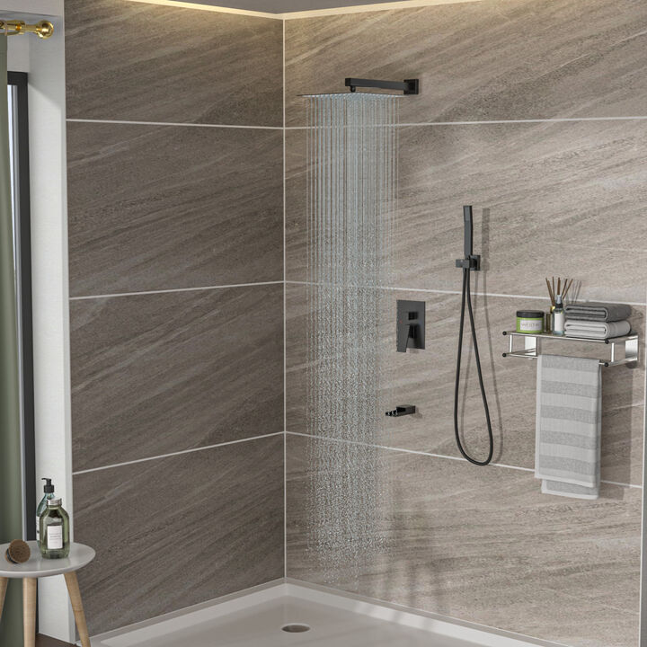 12" Rain Shower Head Systems With Waterfall Tub Spout, Matte, Ceiling Mounted Shower