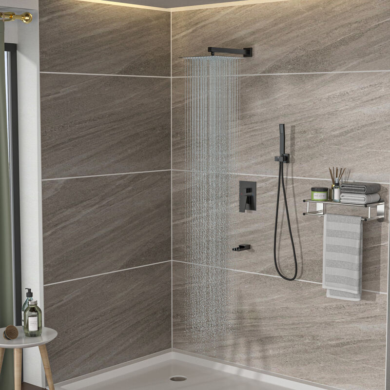 12" Rain Shower Head Systems With Waterfall Tub Spout, Matte, Ceiling Mounted Shower
