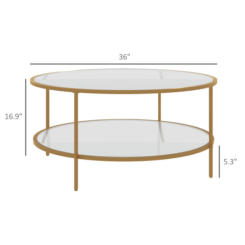 HOMCOM Round Side Table with Storage, 2-Tier End Table Tempered Glass Top