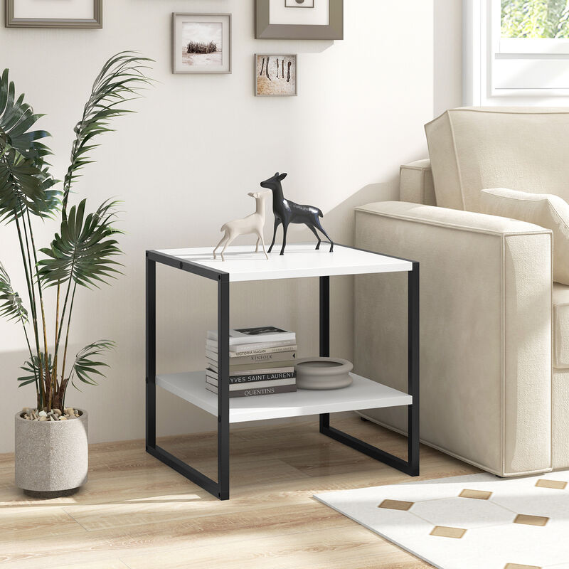 2-Tier Square End Table with Storage Shelf Reversible Design-White