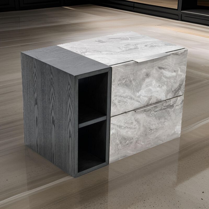 Noe Minn 26 Inch Nightstand, 2 Drawers, Faux Marble Front Panels, Gray-Benzara
