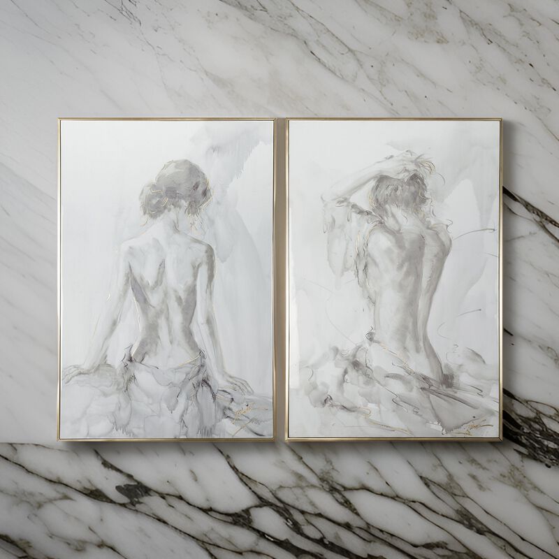 Tia 33 x 49 Hanging Wall Art Portrait Set of 2, Gray Feminine Figure Sketch - Benzara
